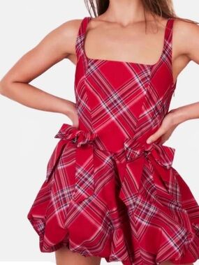 LoveShackFancy Red Plaid Square-Neck Mini Dress with Bows